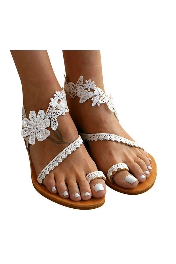Lace Slippers For Women Bridals Wedding Toe Ring Flats Sip On Sandals Summer Dress Slides