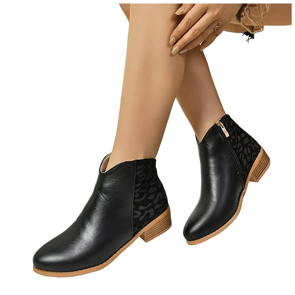 Oyedens Leopard Ankle Boots for Women Fashion Casual Leather Low Heels Winter Fall Booties Dress Boots
