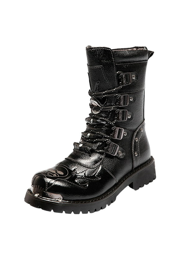 Mens Combat Boots Gothic Vintage Leather Motorcycle Riding Mid Calf Boots Punk Hunting Boots