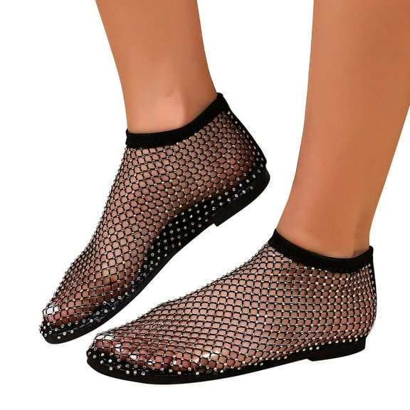 Oyedens Mesh Flats for Women Sexy Fishnet Sandals Low Heels Slip on Rhinestones Ankle Booties Party Favor