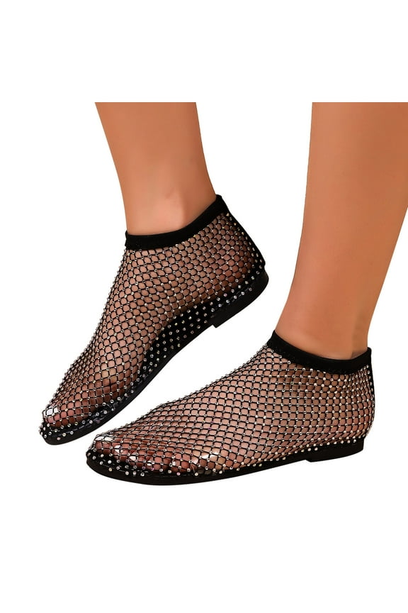 Mesh Flats for Women Sexy Fishnet Sandals Low Heels Slip on Rhinestones Ankle Booties Party Favor