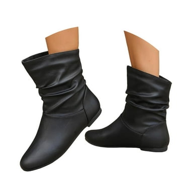 Oyedens Mid Calf Boots for Women 2025 Slouchy Leather No Heel Wide Calf Cowgirl Riding Booties