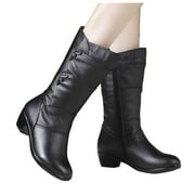 Oyedens Mid Calf Boots for Women Vintage Soft Leather Low Heel Zipper Short Boots Black