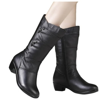 Oyedens Mid Calf Boots for Women Vintage Soft Leather Low Heel Zipper Short Boots Black