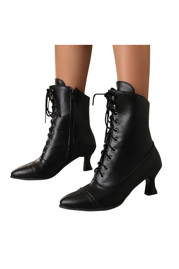 Mid Calf Combat Boots for Women Vintage Roman Pointed Toe Kitten Heels Winter Fall Dress Boots