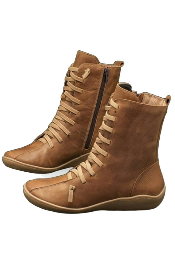 Mid Calf Combat Boots for Women Winter Fall Leather High Top Fashion Sneakers Short Riding Boots