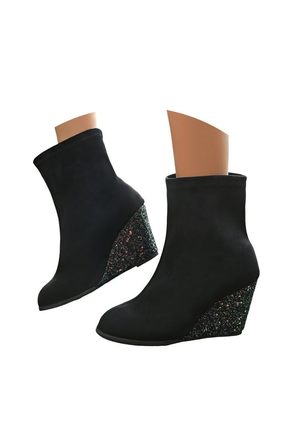 Mid Calf Dress Boots for Women Black Sequin Glitter Wedding Wedge High Heel Short Boots