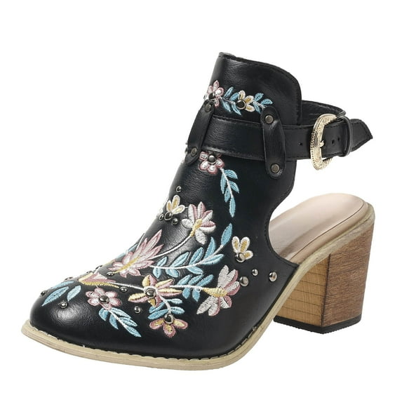 Oyedens Mules Ankle Boots for Women Vintage Boho Embroidered Slingback High Heels Ankle Booties