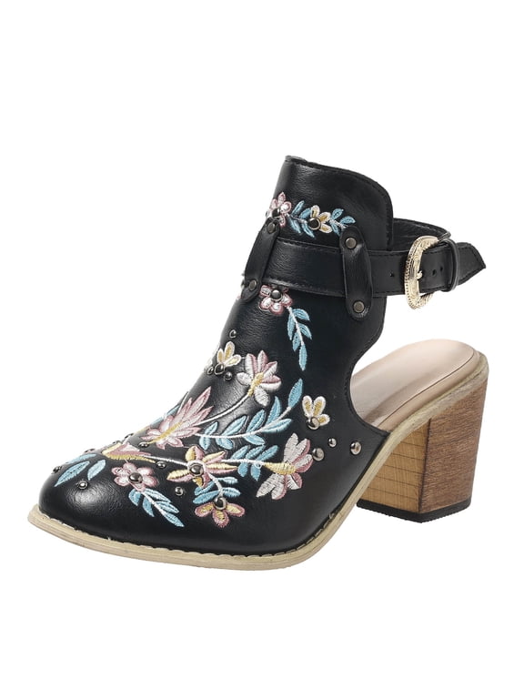 Mules Ankle Boots for Women Vintage Boho Embroidered Slingback High Heels Ankle Booties