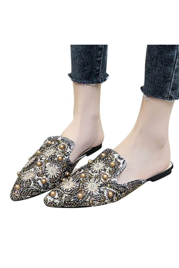 Mules for Women Vintage Rhinestones Slip on Flats Backless Loafers Outdoor Dress Slides Shoes