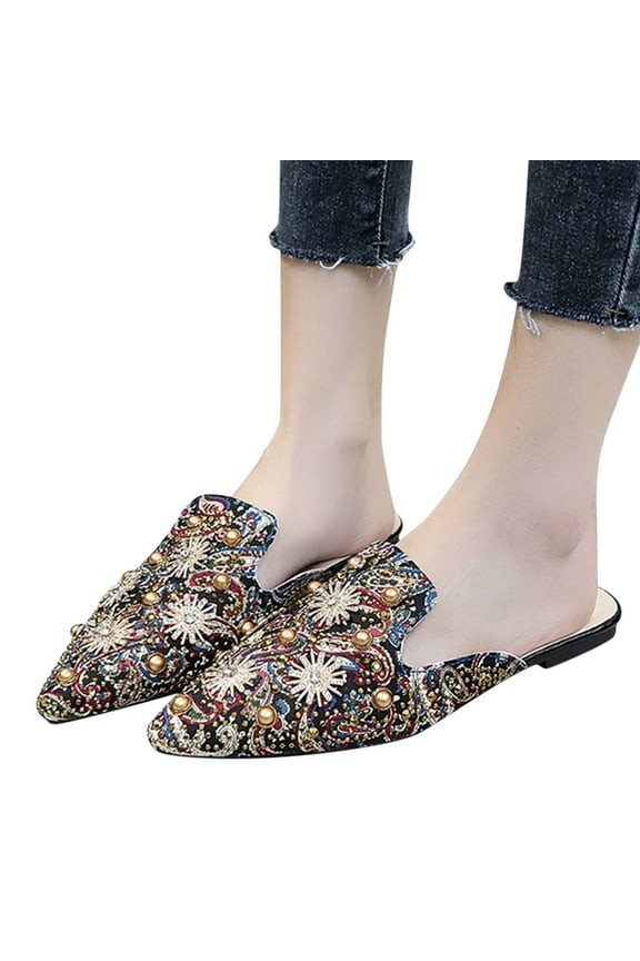 Mules for Women Vintage Rhinestones Slip on Flats Backless Loafers Outdoor Dress Slides Shoes