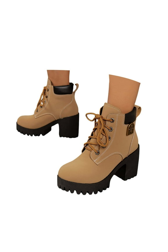 Platform Combat Boots for Women Fashion Casual Block High Heels Mid Calf Ankle Booties