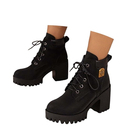 Oyedens Platform Combat Boots for Women Fashion Casual Block High Heels Mid Calf Ankle Booties