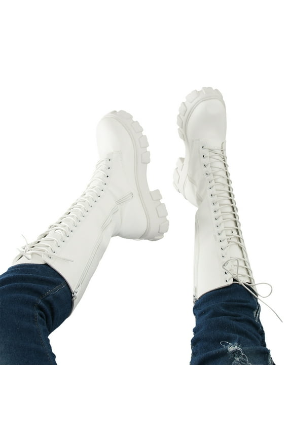 Platform Combat Boots for Women Fashion Lace up Heels Horse Riding Mid Calf Boots
