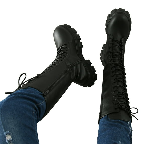 Oyedens Platform Combat Boots for Women Fashion Lace up Heels Horse Riding Mid Calf Boots