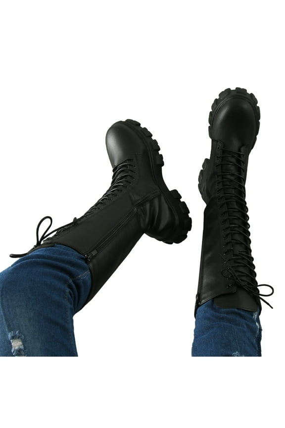 Platform Combat Boots for Women Fashion Lace up Heels Horse Riding Mid Calf Boots