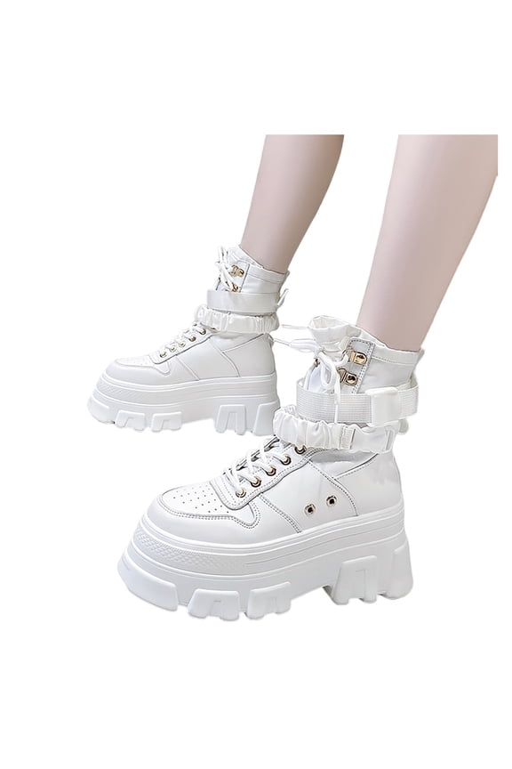 Platform Combat Boots for Women Goth Punk Black Leather Lace up Mid Calf Riding Boots