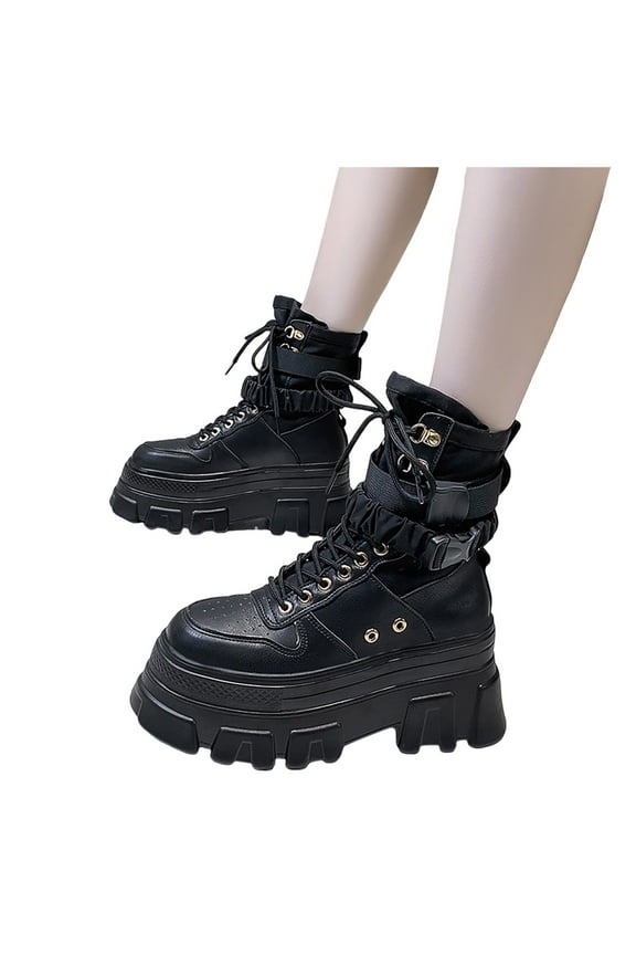 Platform Combat Boots for Women Goth Punk Black Leather Lace up Mid Calf Riding Boots