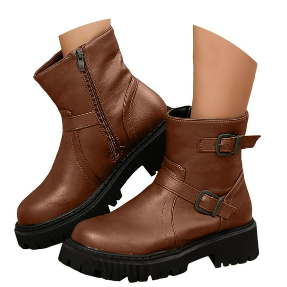 Oyedens Platform Combat Boots for Women Vintage Casual Leather Mid Calf Motorcyle Riding Boots