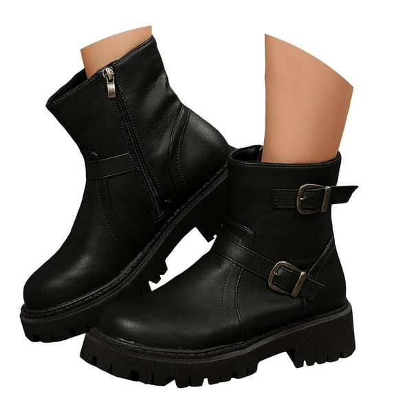 Oyedens Platform Combat Boots for Women Vintage Casual Leather Mid Calf Motorcyle Riding Boots