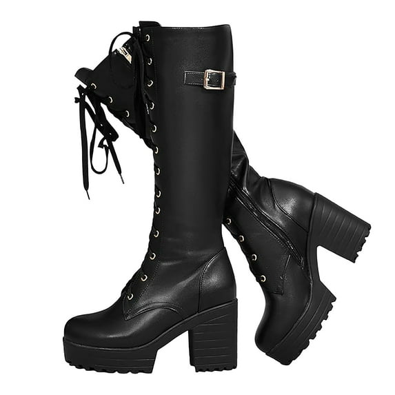 Oyedens Platform Knee High Combat Boots for Women Gothic Black Leather Knight Tall Boots
