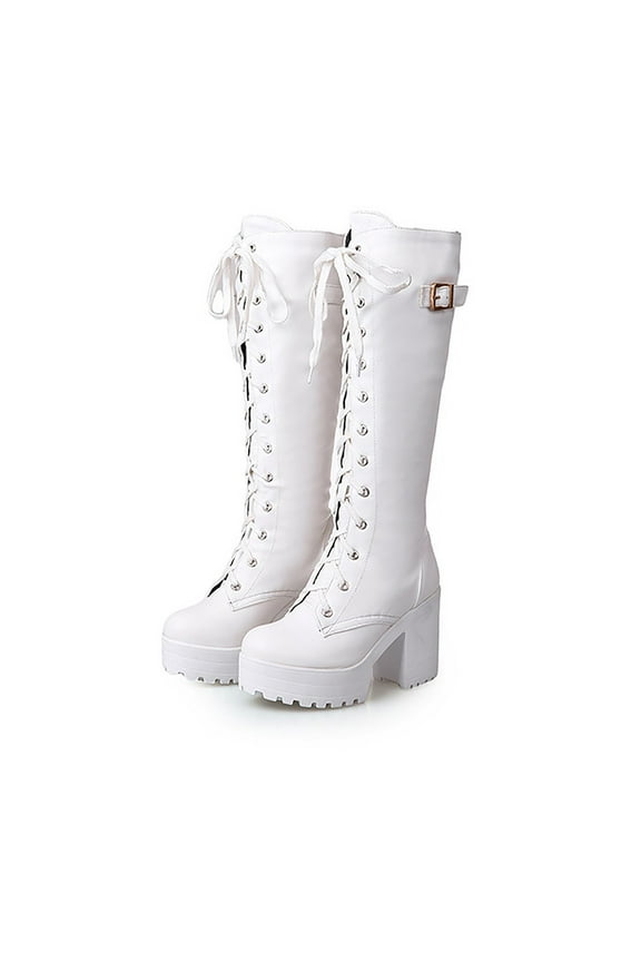 Platform Knee High Combat Boots for Women Gothic White Leather Knight Tall Boots