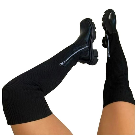 Oyedens Platform Thigh High Boots for Women Fashion Elastic Chunky Mid Heels Over The Knee Tall Boots