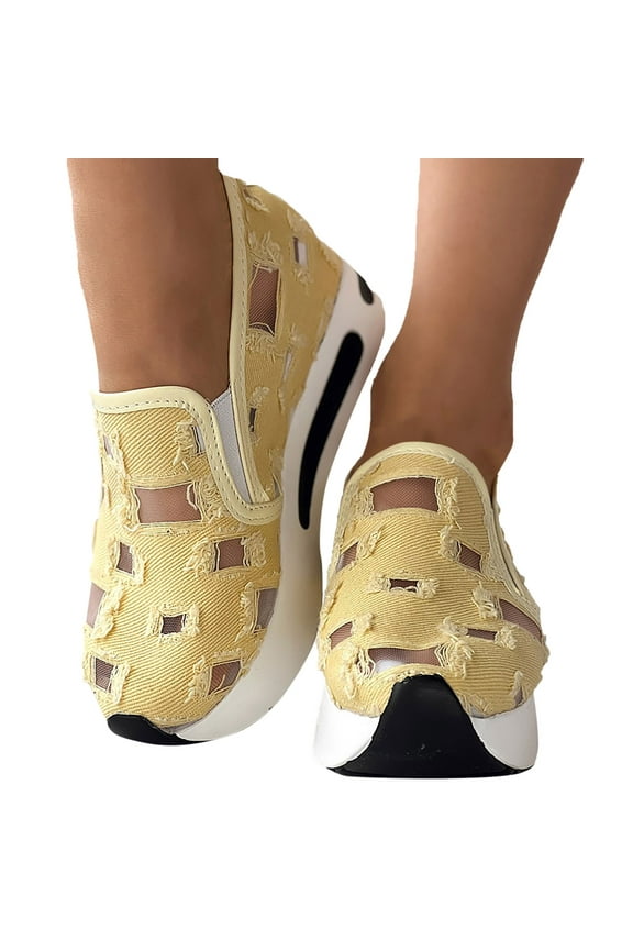 Platform Walking Shoes for Women Ripped Canvas Mesh Slip on Loafers with Hidden High Heels