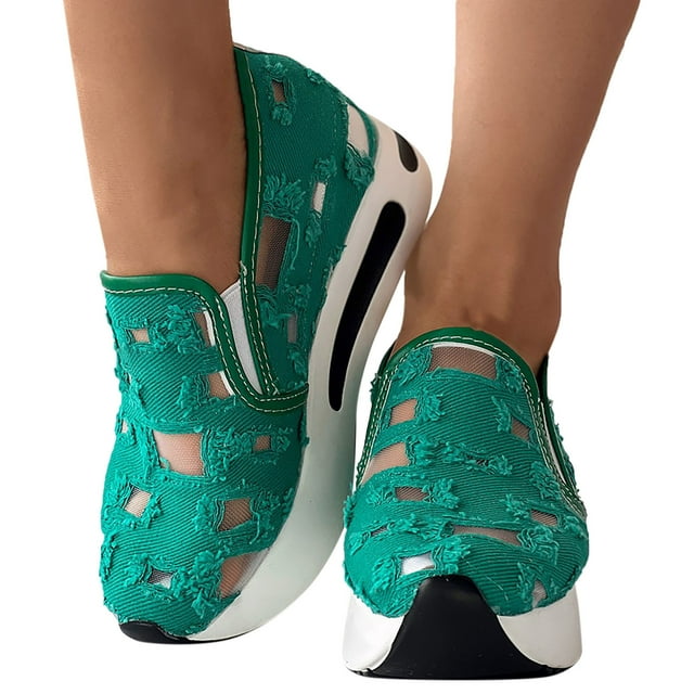 Oyedens Platform Walking Shoes for Women Ripped Canvas Mesh Slip on Loafers with Hidden High Heels
