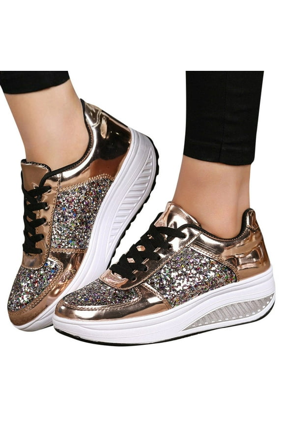 Platform Wedge Fashion Sneakers For Women Sequin Glitter Mid Heels Low Top Play Sneakers Dress Walking Shoes