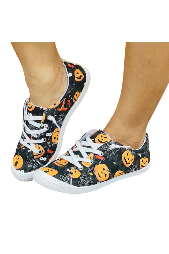 Pumpkin Canvas Shoes Fun Skull Skeleton Design Low Top Fashion Walking Sneakers for Women