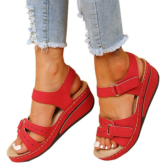 Oyedens Red Wedge Sandals For Women Fashion Comfort Cushion Mid Heels Platform Walking Sandals