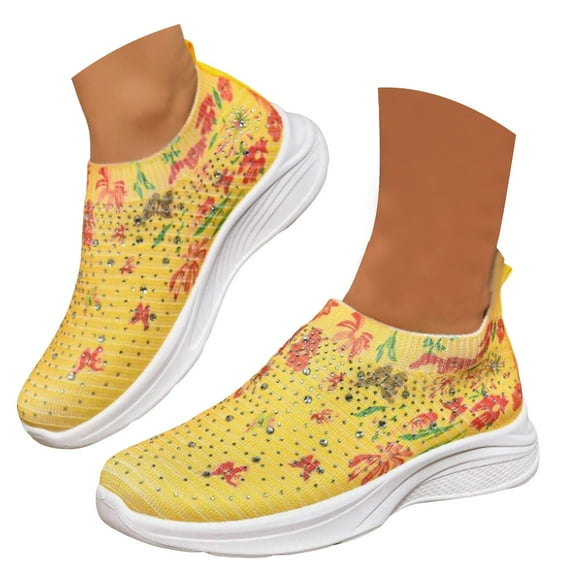 Oyedens Rhinestones Floral Walking Shoes for Women Comfort Slip on Sock Shoes Running Tennis Sneakers