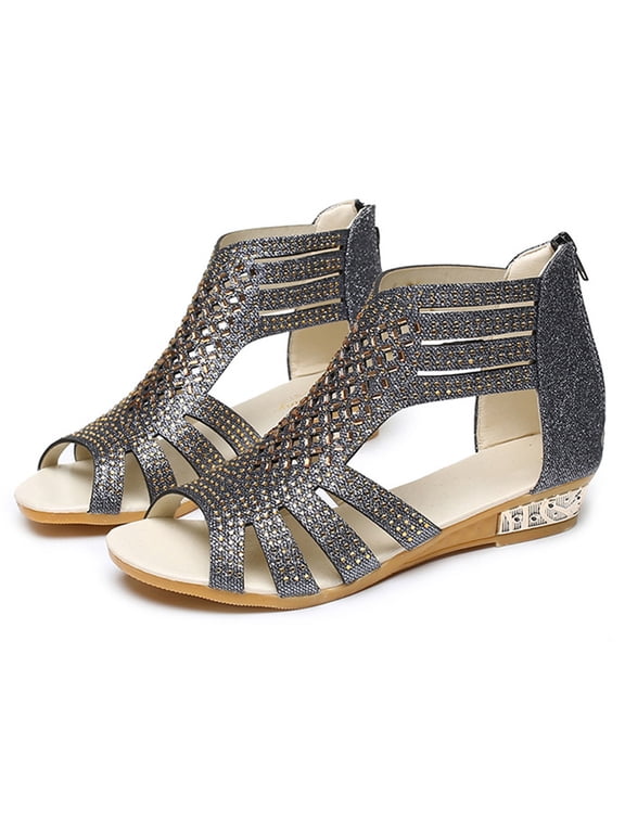 Rhinestones Wedge Sandals For Women Sequin Low Heels Zip Up Dress Ankle Sandals Shoes