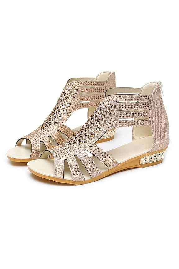 Rhinestones Wedge Sandals For Women Sequin Low Heels Zip Up Dress Ankle Sandals Shoes
