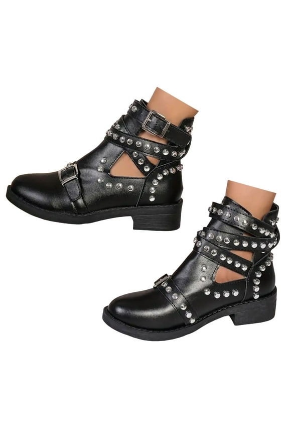 Riding Boots for Women Gothic Studded Hollow Out Mid Calf Ankle Booties Fall Short Boots
