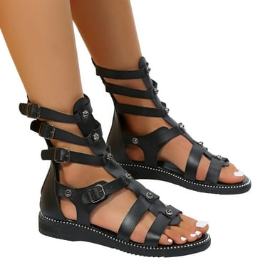 Oyedens Sandals For Women Black Gothic Zip Up Dress Flats Studded Dressy Wedge Sandals Night Party