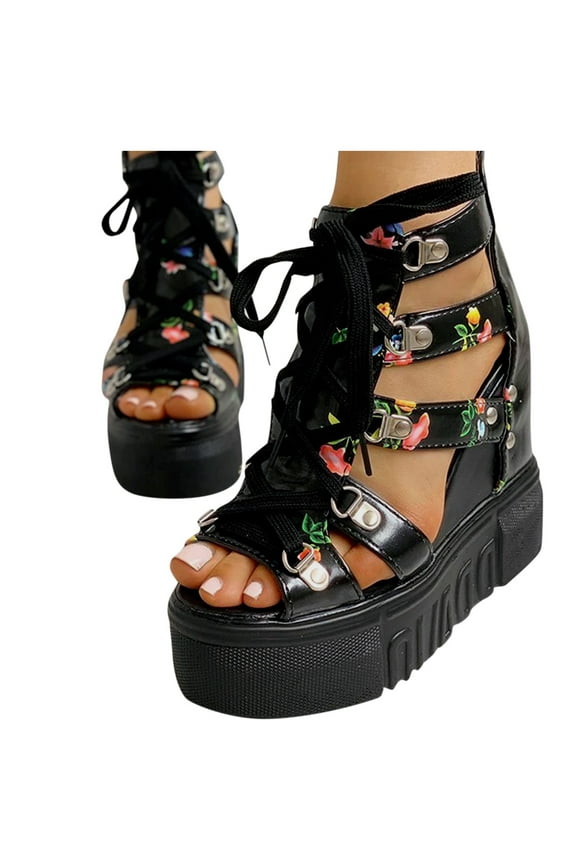 Sandals For Women Flower Platform Hidden Wedge Gladiator Sandals Leather Lace Peep Toe High Heels Gothic Ankle Booties Sandals