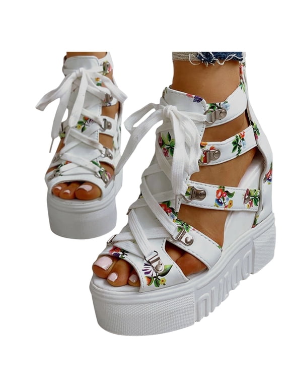 Sandals For Women Flower Platform Hidden Wedge Gladiator Sandals Leather Lace Peep Toe High Heels Gothic Ankle Booties Sandals