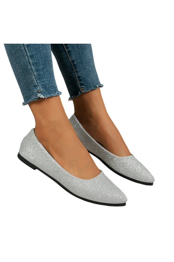 Silver Dress Shoes for Women Glitter Pointed Toe Dressy Flats for Ladies Bride Wedding
