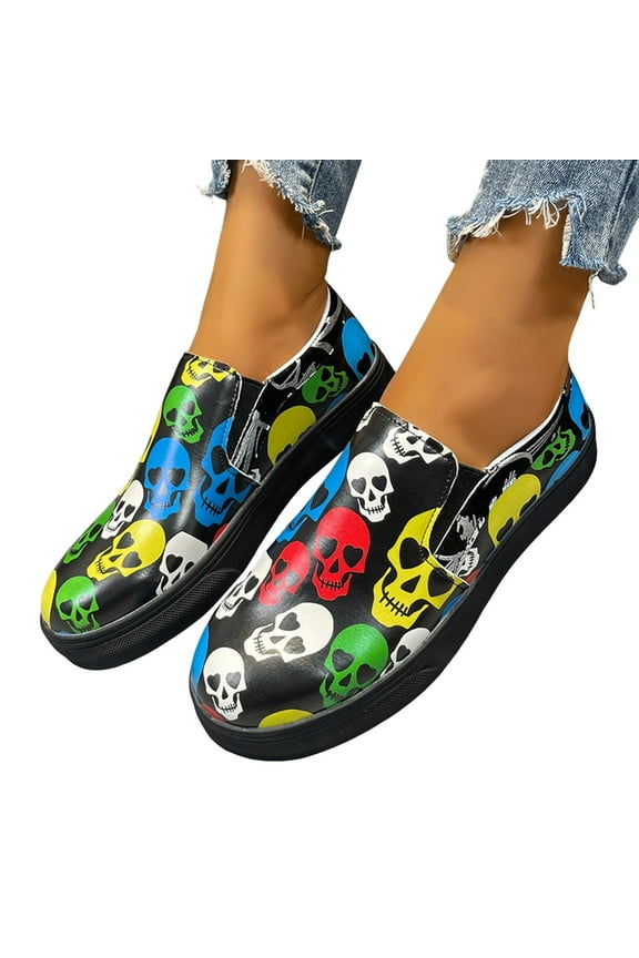 Skull Design Slip on Loafers Boat Shoes for Women Fashion Casual Walking Sneakers