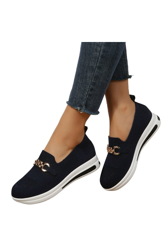 Slip On Loafers Fashion Sneakers For Women Knit Breathable Platform Wedge Chunky Mid Heels Driving Walking Shoes Low Top Boat Shoes