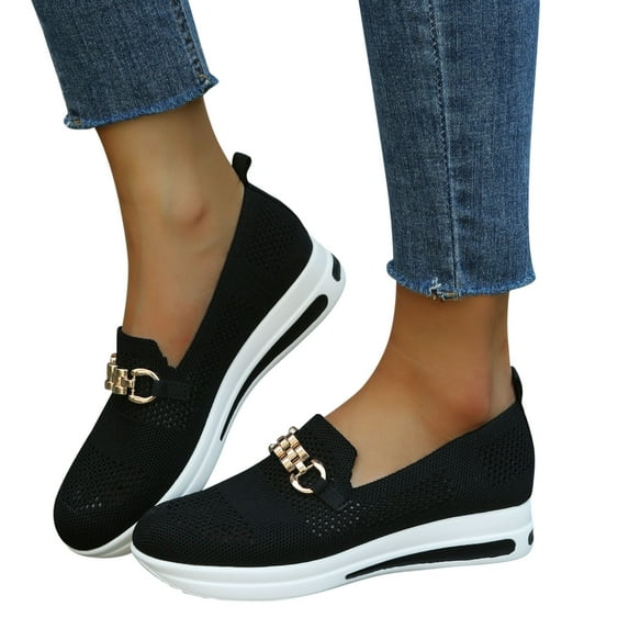 Oyedens Slip On Loafers Fashion Sneakers For Women Knit Breathable Platform Wedge Chunky Mid Heels Driving Walking Shoes Low Top Boat Shoes
