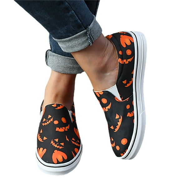 Oyedens Slip on Loafers for Women Funny Pumpkin Casual Low Top Canvas Shoes Walking Sneakers