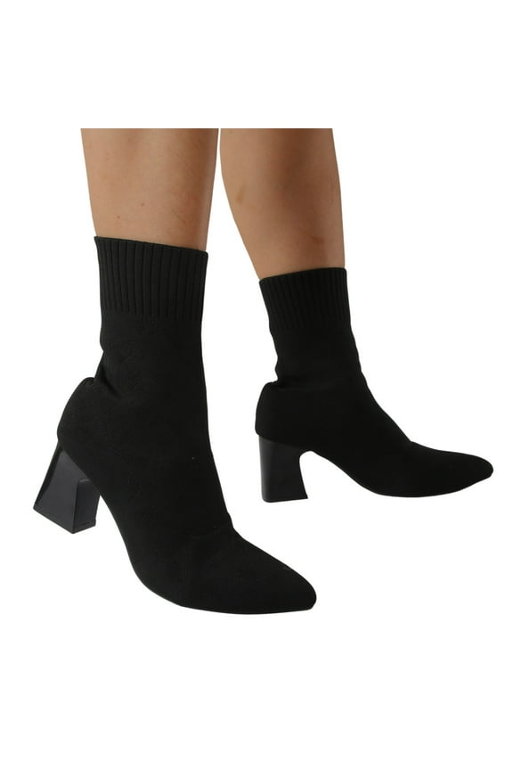 Slip on Sock Dress Boots for Women Ladies Fashion Knit Elastic Block High Heels Ankle Booties