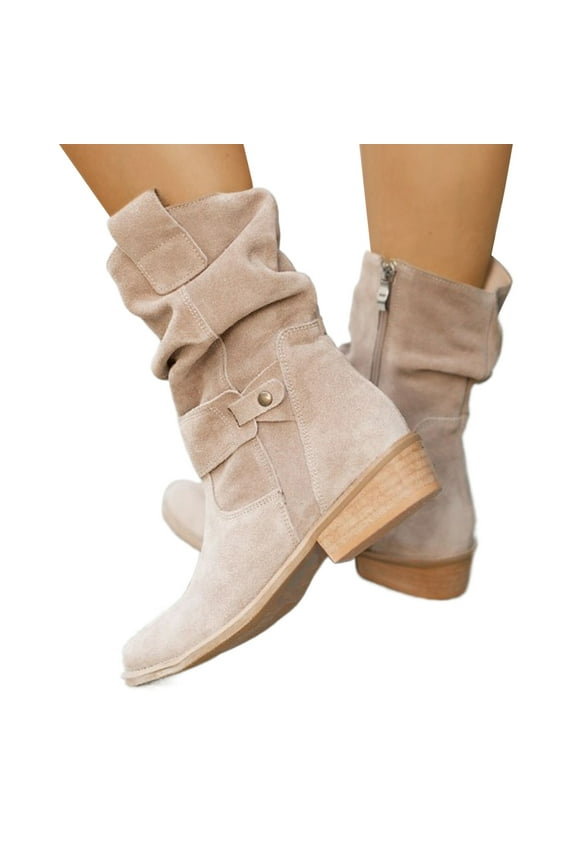 Oyedens Slouch Mid Calf Boots For Women Fashion Slouchy Suede Pointed Toe Block Low Heels Wide Calf Boots Winter Fall Dress Boots For Ladies