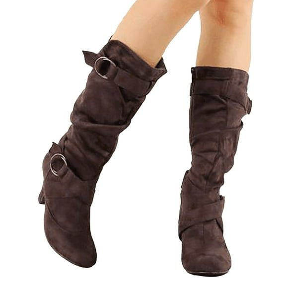 Oyedens Slouch Mid Calf Boots for Women Pointed Toe Kitten High Heels Knee Length Tall Boots Ladies