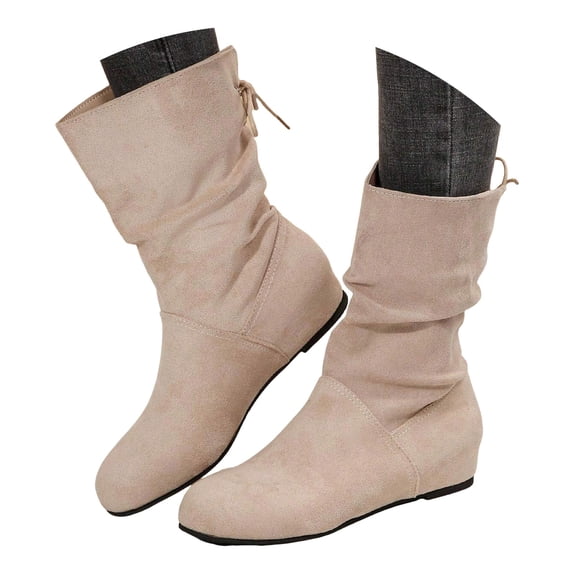 Oyedens Slouchy Mid Calf Boots for Women Beige Fashion Suede Back Strappy Winter Fall Short Booties