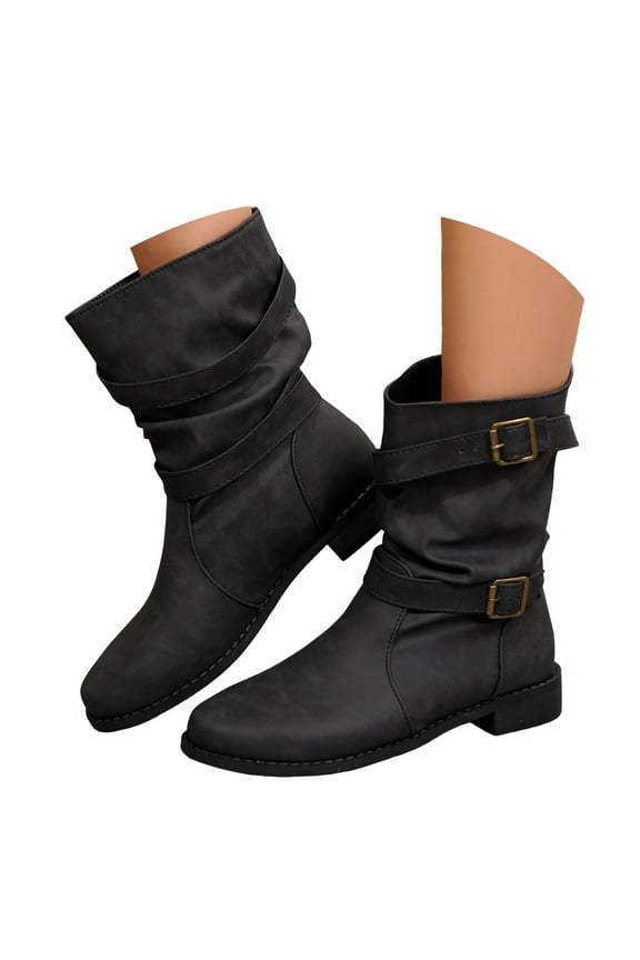 Slouchy Wide Mid Calf Boots for Women Suede Denim Fashion Low Heel Winter Fall Short Boots