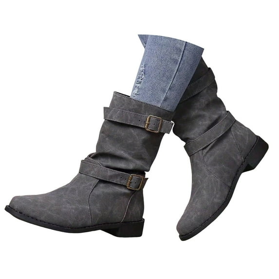 Oyedens Slouchy Wide Mid Calf Boots for Women Suede Denim Fashion Low Heel Winter Fall Short Boots
